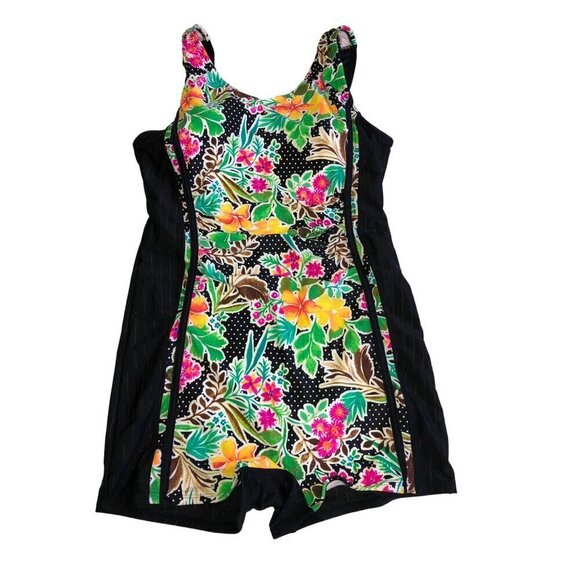 Modest Swimsuit Size US M L Korean 3XL One Piece Korean Black Floral Boyshort - Picture 1 of 7